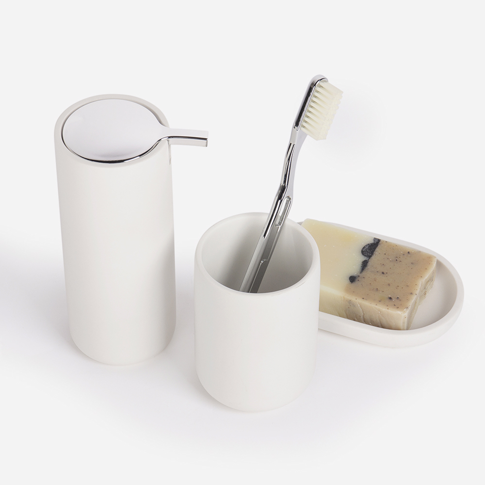 Ensemble d'Accessoires de Salle de Bain 6 Pcs avec Distributeur de Savon, Porte-Brosse à Dents, Brosse de Toilette, Poubelle, Gobelet et Porte-Savon