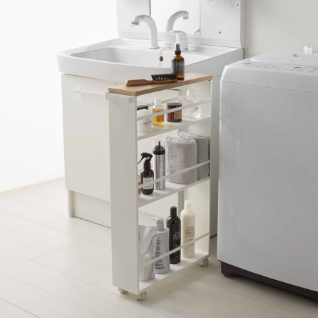 Desserte à roulettes 3 étagères blanc et plateau bois - TOWER - Bath Bazaar